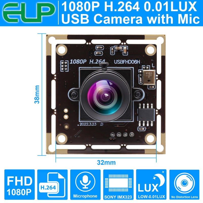 ELP Sony IMX323 Sensor Mini Low Light Wide Angle USB Camera Module with 100degree No Distortion Lens HD 1080P 0.01Lux USB2.0 Video Webcam Board UVC H.264 PC Camera for Computer, Laptop - Image 2